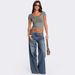 Women's Wide Leg Printed Jeans - Relaxed Fit Vintage Washed Denim Pants For Casual & Office (Dark Blue, S-XL)_mkmklike.com
