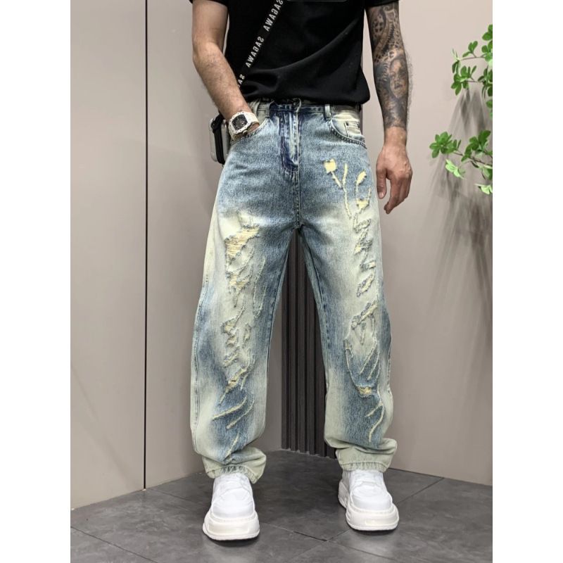 Distressed Washed Ripped Jeans – Men's Slim Straight Cropped Denim Pants (S-3XL, Vintage Streetwear, Hip-Hop Style)_mkmklike.com