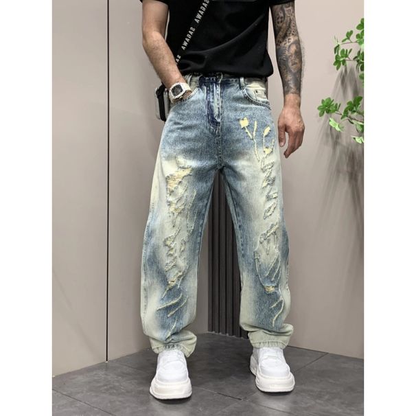 Distressed Washed Ripped Jeans – Men's Slim Straight Cropped Denim Pants (S-3XL, Vintage Streetwear, Hip-Hop Style)_mkmklike.com
