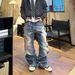 High Street Style Men's Wide Leg Jeans With Distressed Washed Denim Embossed Design, Loose Fit, Retro Style._mkmklike.com
