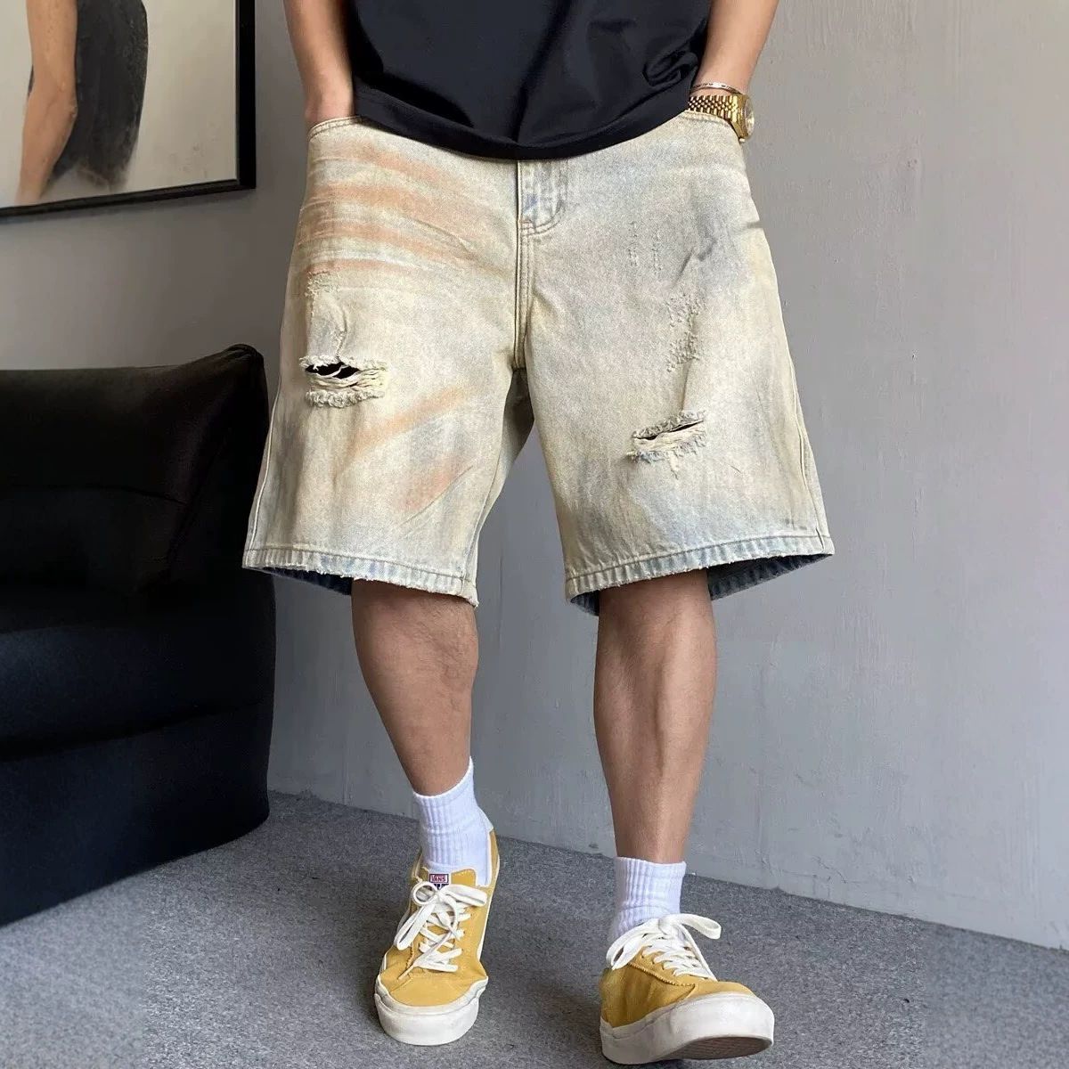 Men's Summer Casual Retro Distressed Ripped Denim Shorts Straight Leg Loose Fit Trendy Five Point Pants_mkmklike.com