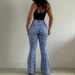 Retro High-Waisted Flared Jeans Blue Floral Print Stretch Slim Fit Women's Floor Length Sweet Denim Jeans_mkmklike.com