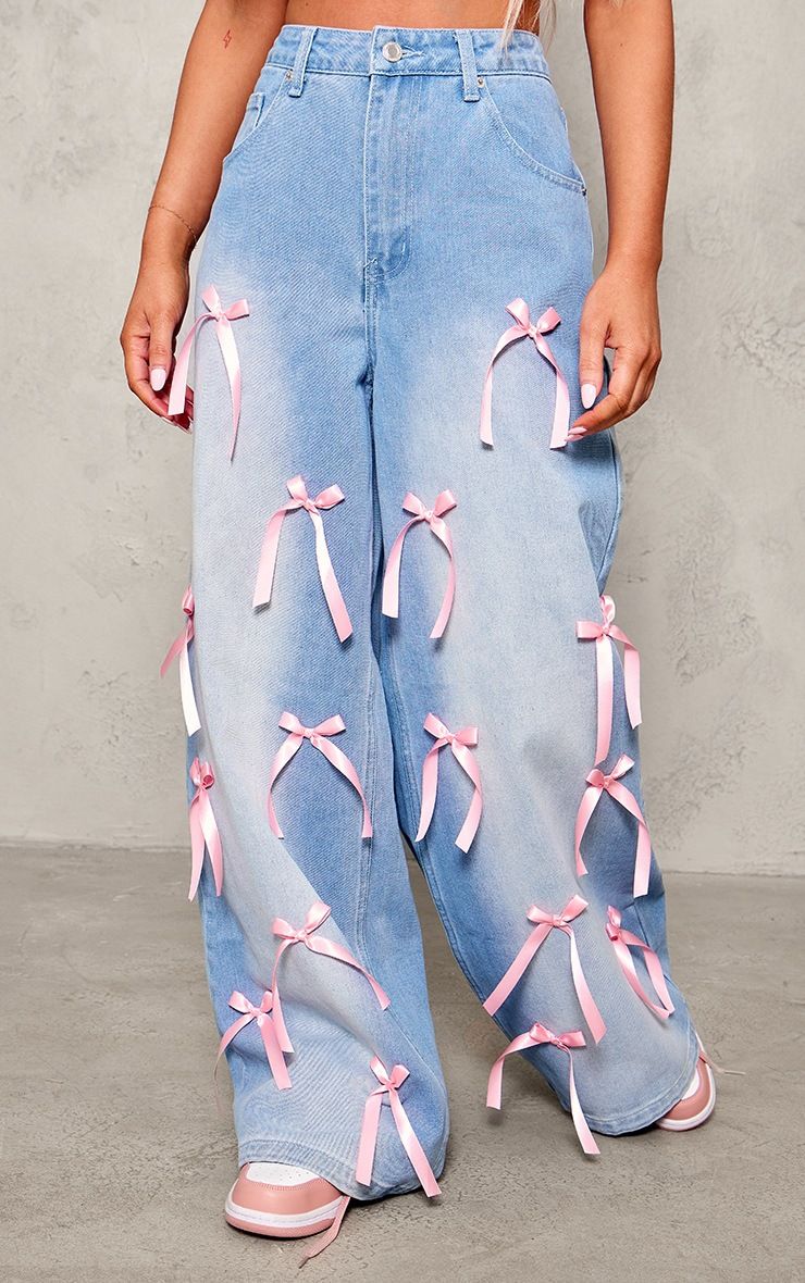 2025 Bow High Waist Wide Leg Jeans Street Distressed Loose Ladies Jeans_mkmklike.com