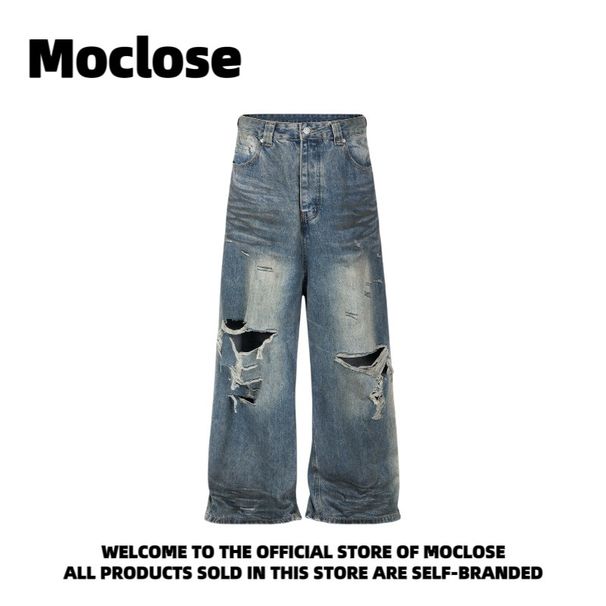 Moclose Unisex Distressed Retro Ripped Jeans Loose Fit Street Style Mud Dyed Cut Out Denim_mkmklike.com