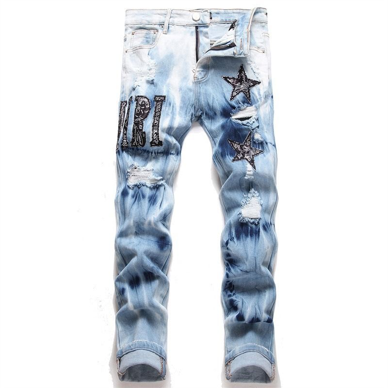 Men's Rhinestone Jeans – Distressed Stretch Denim Pants With Flared Hem & Punk Rock Edge (S-3XL, Black/Blue Star Embellished)_mkmklike.com