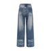 Color-Block Washed Denim Straight-Leg Men's High Street Water Ripple Distressed Loose Casual Pants_mkmklike.com