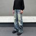 Nordmann American High Street Vibe Style Ink Splash 3D Printed Floral Jeans For Men Ins Loose Straight Wide-Leg Pants Trendy_mkmklike.com