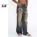 EF JEANS | 2023 New Hong Kong Style Retro Old Rust Earth Color Ripped Rough Edge Denim Trousers For Men And Women_mkmklike.com