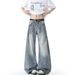 Washed And Made Old Bamboo Scimitar Jeans, The Same For Men And Women, American Loose Straight Versatile Pants, Drape Wide-leg Pants_mkmklike.com