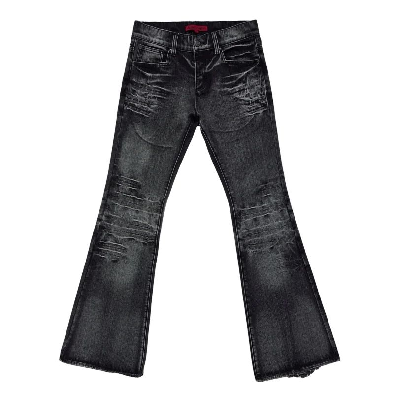 Retro Y2K Flared Jeans Men's Clothing Gothic High Street Washed Distressed Midweight Wide Leg Trousers Black Blue Cotton Trendy_mkmklike.com