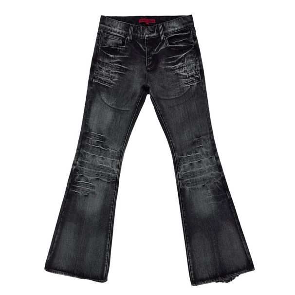 Retro Y2K Flared Jeans Men's Clothing Gothic High Street Washed Distressed Midweight Wide Leg Trousers Black Blue Cotton Trendy_mkmklike.com