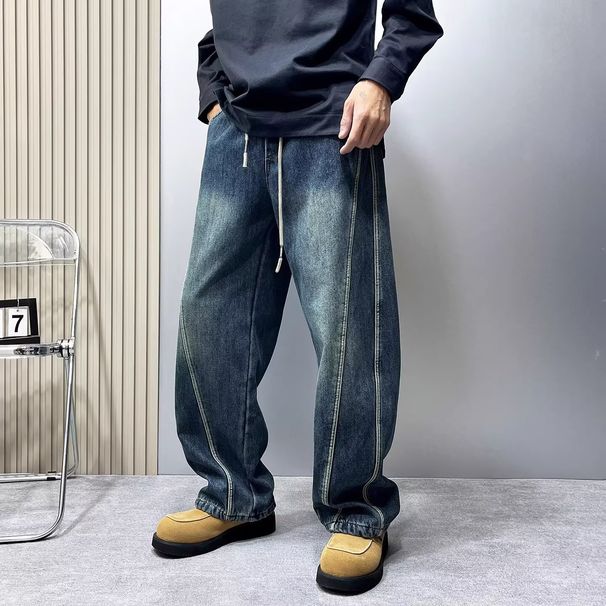 Men's American Washed Striped Jeans Casual Loose Fit Straight Leg Pants With Drawstring And Elastic Waist For Spring And Autumn_mkmklike.com