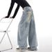 Women's Blue Wide Leg Jeans Loose Straight Leg Pants Versatile Embroidered Plus Size Regular Thickness Autumn Winter Style_mkmklike.com
