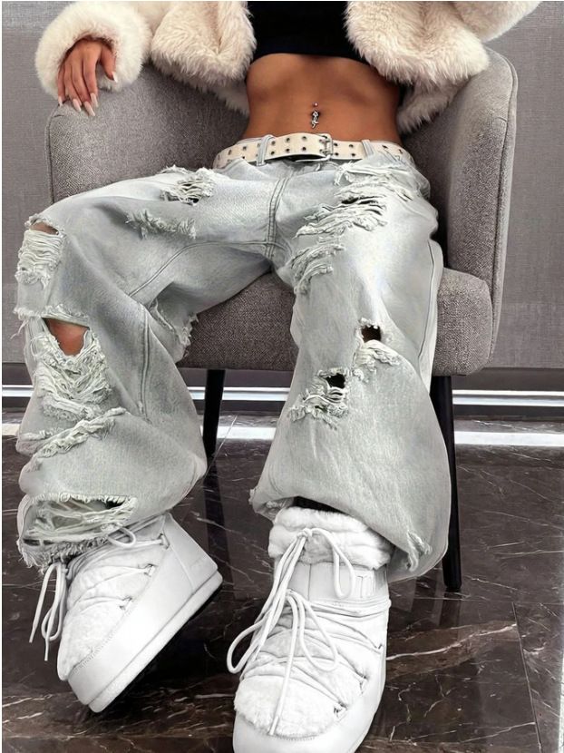 Women's Distressed High-Waisted Straight-Leg Jeans – Grunge-Inspired Patchwork Denim With Raw Hem, Non-Stretch Cotton Blend_mkmklike.com