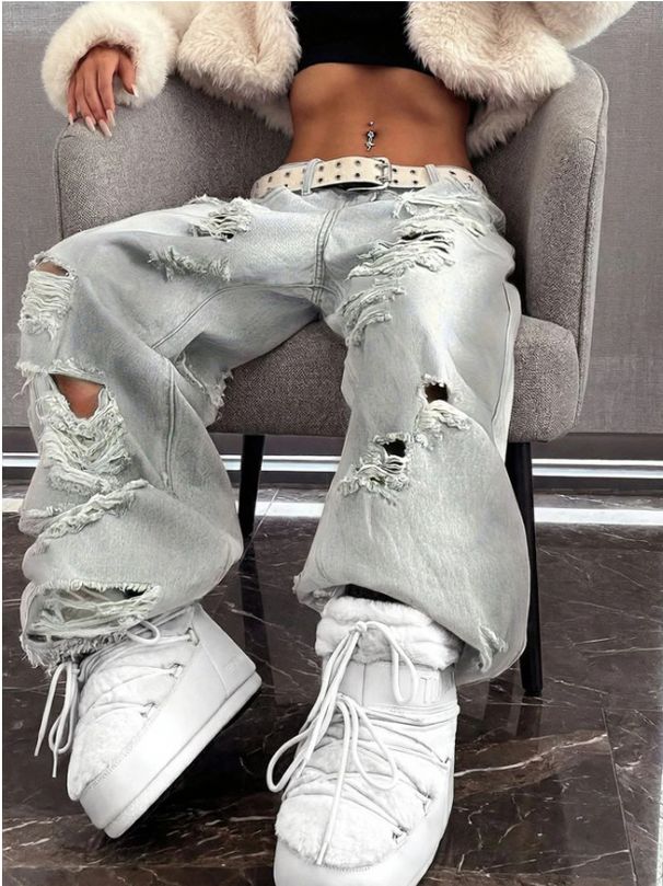 Women's Distressed High-Waisted Straight-Leg Jeans – Grunge-Inspired Patchwork Denim With Raw Hem, Non-Stretch Cotton Blend_mkmklike.com