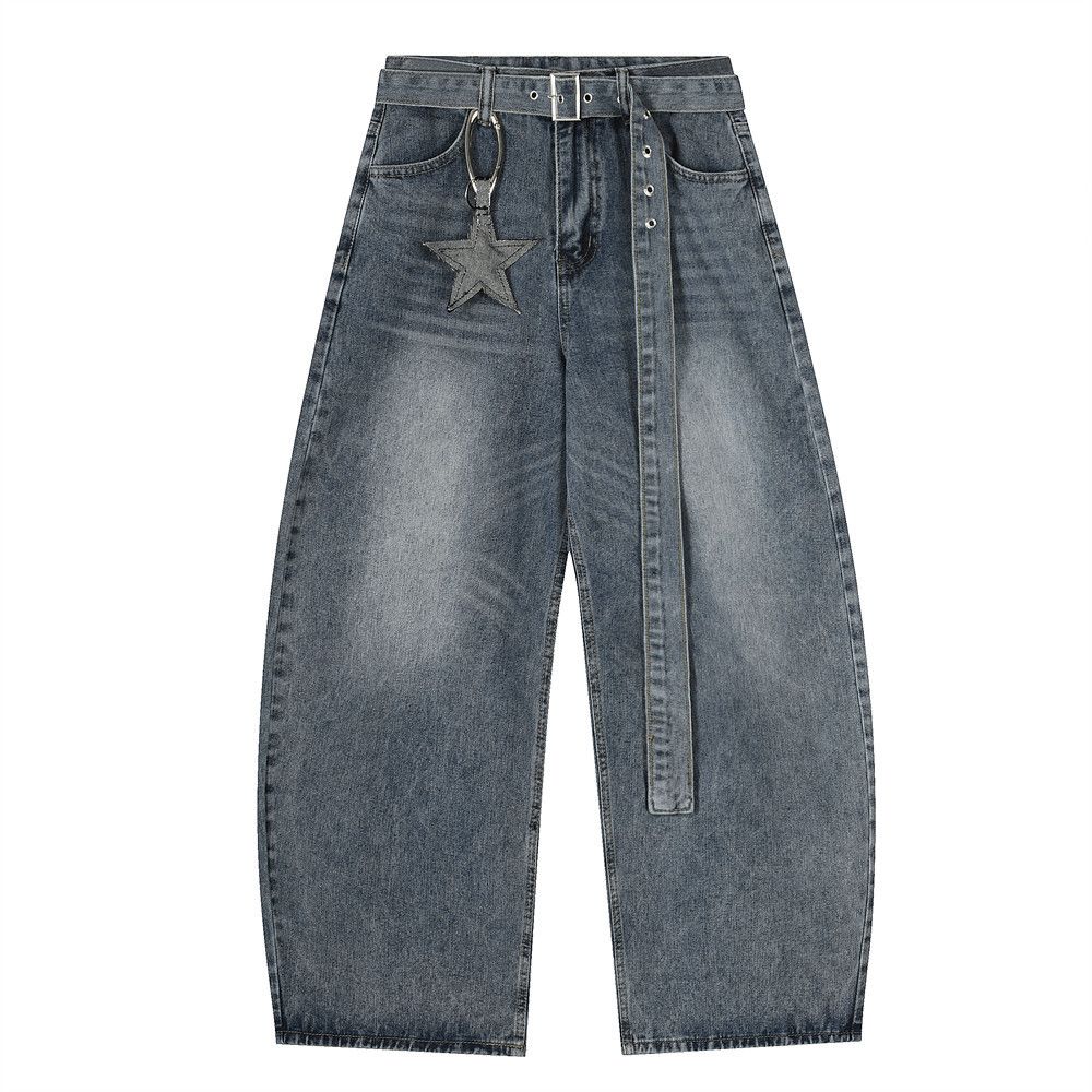 Men's Loose Fit American Street Style Washed Scythe Jeans With Belt And Pentagram Pendant, Wide Leg Pants_mkmklike.com
