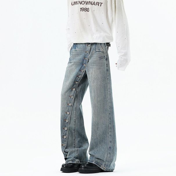 Men's High Street Lightning Wash Flared Jeans - Vintage Denim Wide Leg Trousers With Asymmetric Zip For Casual Streetwear_mkmklike.com