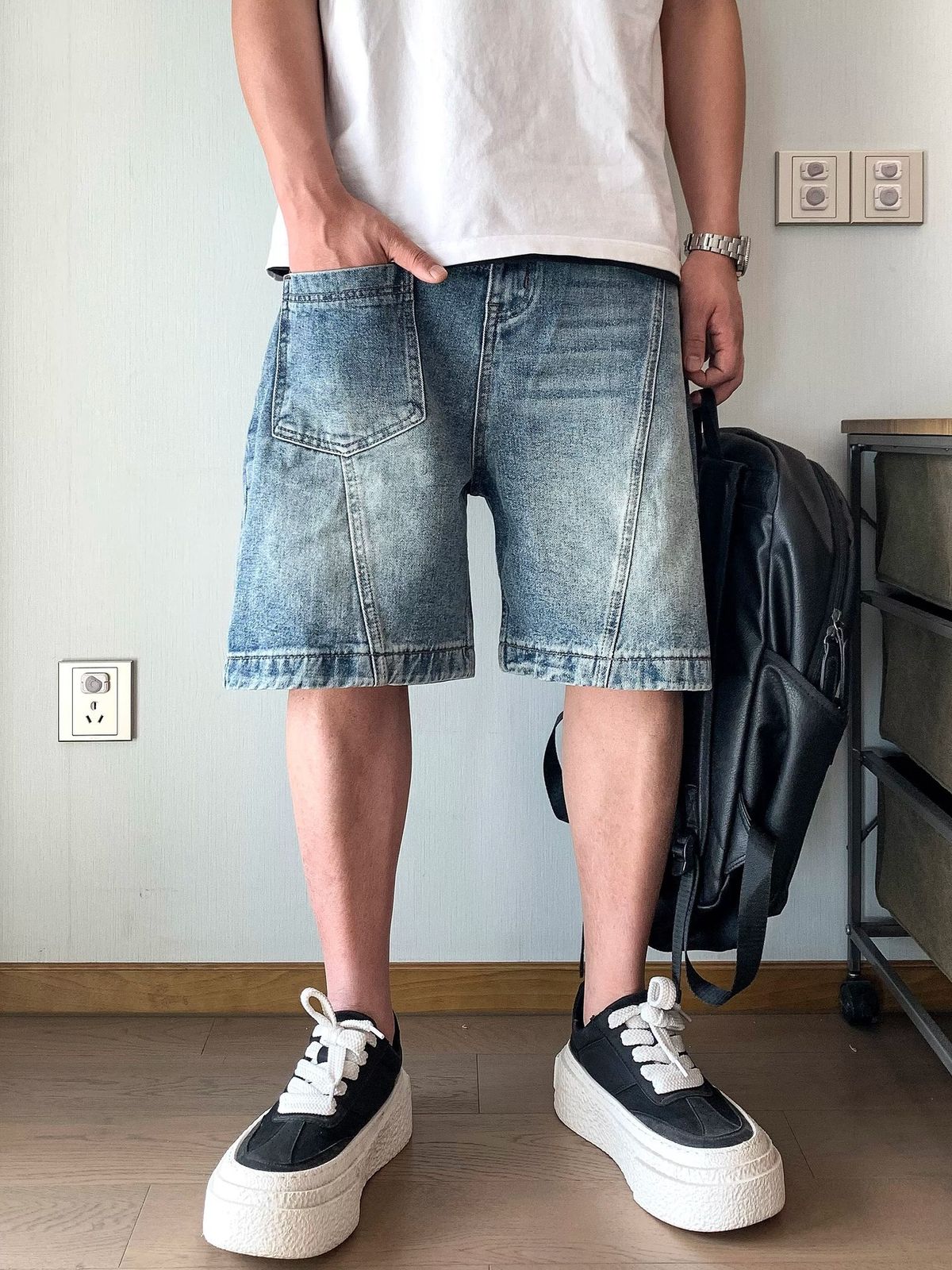 Unisex Retro Heavyweight Washed Denim Shorts Patchwork Design Slimming Casual Wide Leg Capri Pants_mkmklike.com