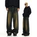Men's Retro Distressed Washed Yellow Mud Dyed Jeans High Street American Style Loose Straight Trousers Floor Length Daddy Pants_mkmklike.com