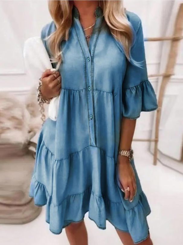 Women's Clothing New Solid Color Washed Cotton Five Point Sleeve A Line Mid Length Denim Dress Long Skirt_mkmklike.com