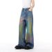 Men's Clothing Street Hip-Hop Graffiti Washed Denim Jeans For Men - Loose Fit Straight Leg Pants With Colorful Splash Design_mkmklike.com