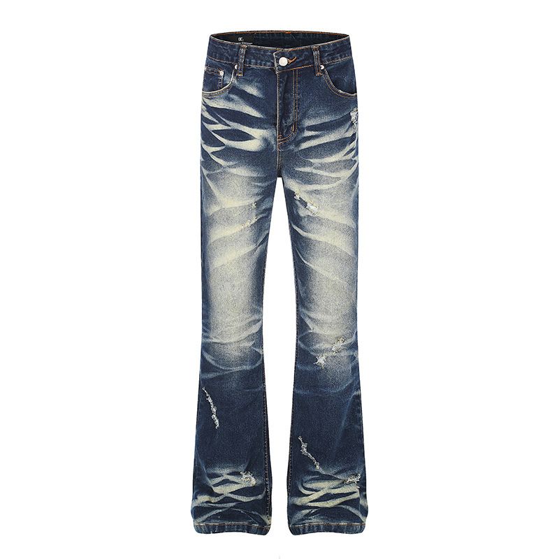 Retro Washed Distressed Ripped Flared Jeans Slim Fit Stretch Denim Trousers American Style For Men And Women New Summer_mkmklike.com
