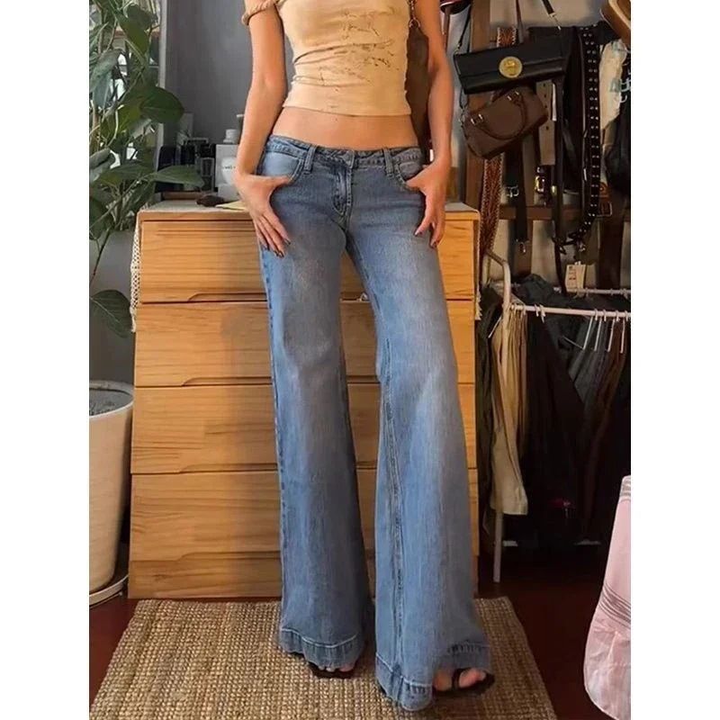 Women's Clothing Hot Girl Low Waist Washed Flared Jeans Female Casual Straight Mopping Trousers_mkmklike.com