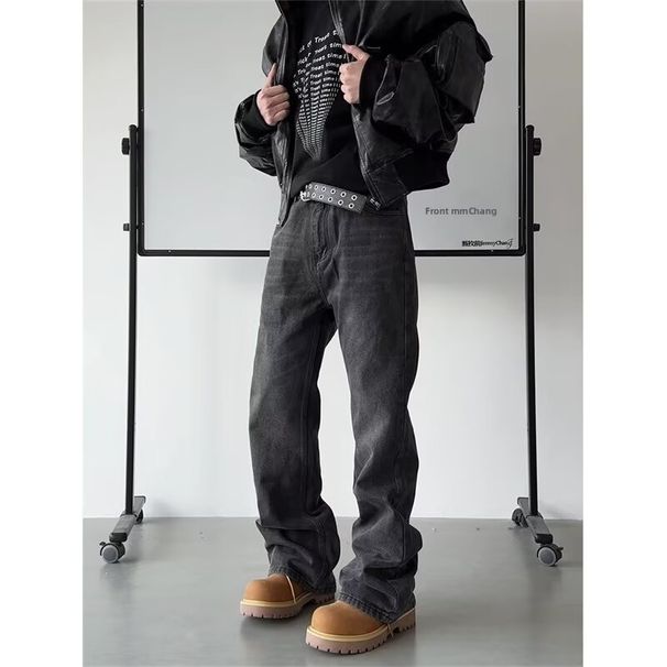 Men's Versatile Black Gray Jeans Loose Fit Straight Leg Casual Trousers Height Enhancing Spring Autumn New Retro Wash_mkmklike.com