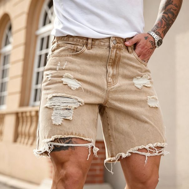 Men's Wide Leg Denim Shorts Khaki Coffee Colored Loose Fitting Ripped Bleached Trendy European American Style Five Point Pants_mkmklike.com