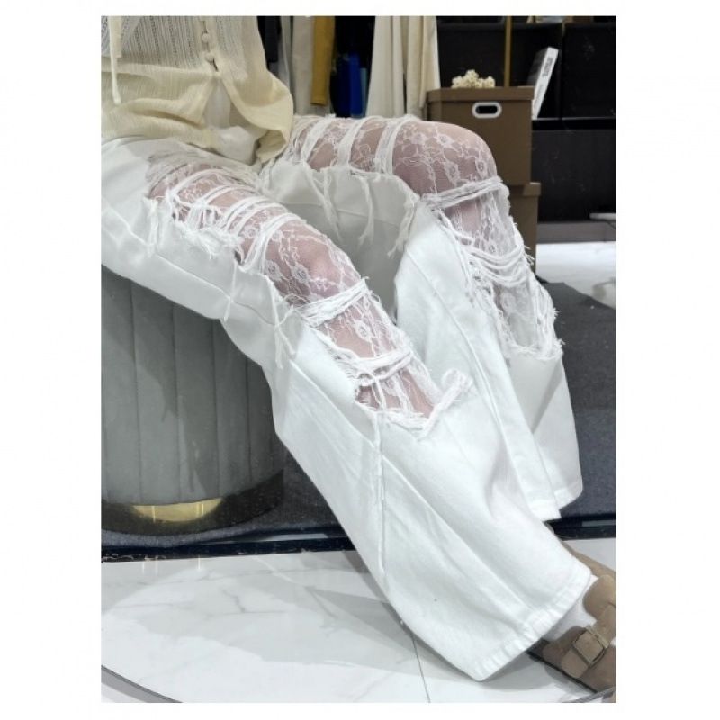 High-Waisted Wide-Leg Jeans Women's Slimming Ripped Casual Pants Lace Trimmed Trendy Cool Design Floor-Length Summer Fashion_mkmklike.com
