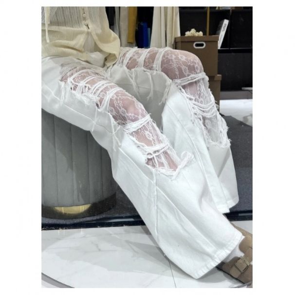 High-Waisted Wide-Leg Jeans Women's Slimming Ripped Casual Pants Lace Trimmed Trendy Cool Design Floor-Length Summer Fashion_mkmklike.com