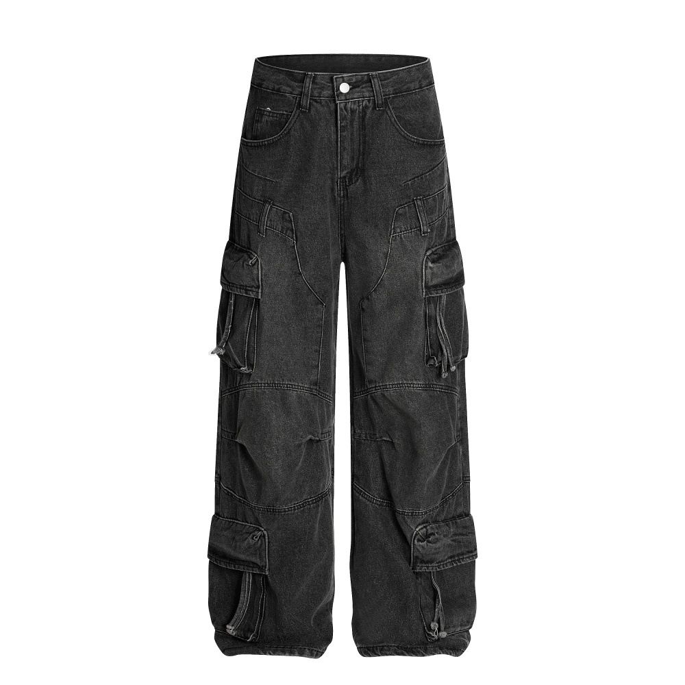 Heavy-duty Washed Denim Cargo Men's Punk Multi-pocket Design Sense Niche Three-dimensional Deconstructed Wide-leg Pants_mkmklike.com