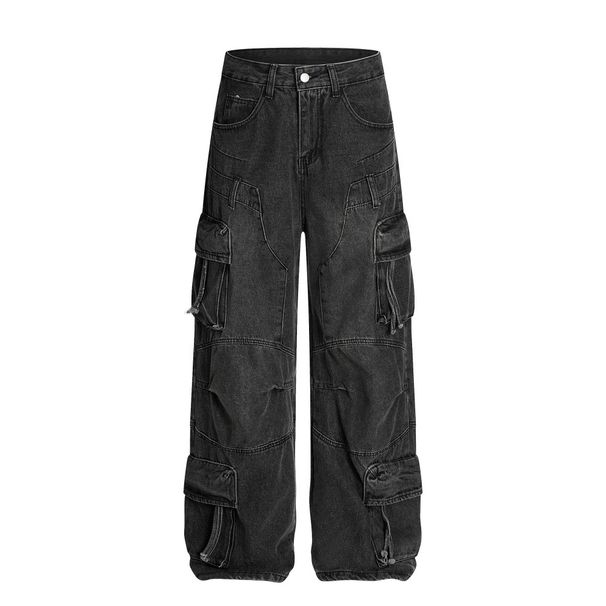 Heavy-duty Washed Denim Cargo Men's Punk Multi-pocket Design Sense Niche Three-dimensional Deconstructed Wide-leg Pants_mkmklike.com