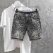 Summer High End Printed Denim Shorts for Men Slim Fit Tapered Leg Korean Style Trendy Five Point Pants_mkmklike.com