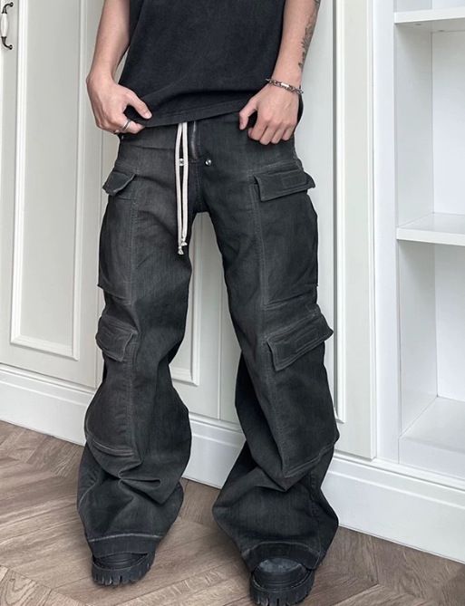 RO-Style Washed Blue Denim Jeans - Capper-Inspired Wide-Leg Unisex Work Pants With Gradient Effect_mkmklike.com