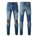 Men's Clothing Washed Cat Whisker Wrinkled Hole Patchwork Leather Elastic Slim Fit Skinny Jeans_mkmklike.com