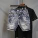 Men's Clothing Ripped Denim Shorts Summer Thin Print Scraped Slim Fit Mid Length Pants Versatile Trendy Five Point Pants_mkmklike.com
