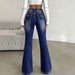 Women's High Waist Double Button Flared Jeans L1052 American Style Dark Blue Washed Slim Fit Floor Length Elastic Pants_mkmklike.com