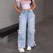 Streetwear High-Waisted Wide-Leg Jeans – Oversized Straight Fit With Bow Accents, Vintage Washed Denim For Grunge & Gothic Aesthetic_mkmklike.com