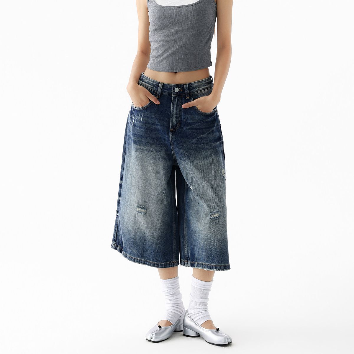 Retro Distressed Cropped Jeans American Design Loose Casual Straight Leg Wide Leg Shorts for Men And Women New Summer Style_mkmklike.com