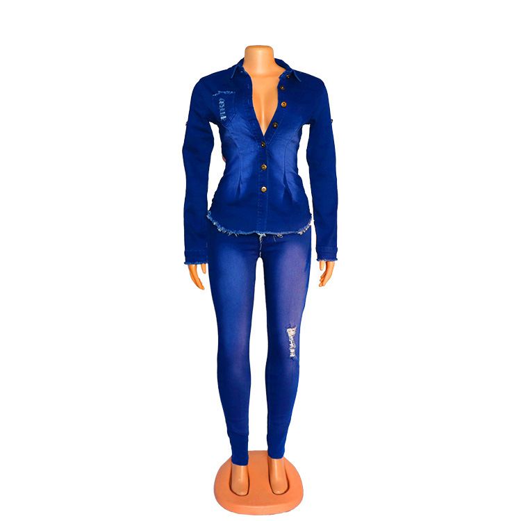 Nedenim women's clothing, fashionable denim suit, temperament, whitewashed and holed two-piece set_mkmklike.com