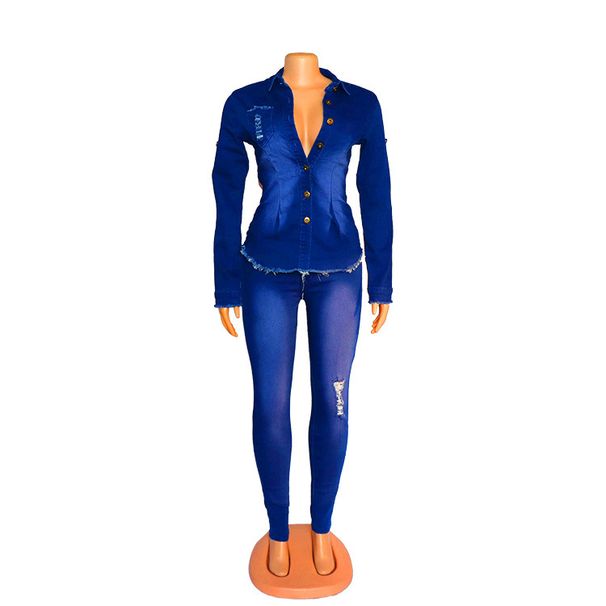 Nedenim women's clothing, fashionable denim suit, temperament, whitewashed and holed two-piece set_mkmklike.com