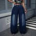 Retro Washed Blue Wide Leg Jeans High Waisted Elastic Plus Size Lantern Jeans Style Design Pleated_mkmklike.com