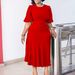 Women's Clothing solid color round neck puff sleeves slim waist large size dress_mkmklike.com
