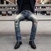 HME Men's Distressed Ripped Jeans Slim Fit Stretch Straight Leg Long Pants American High Street Style European And American Cross Border Exclusive_mkmklike.com