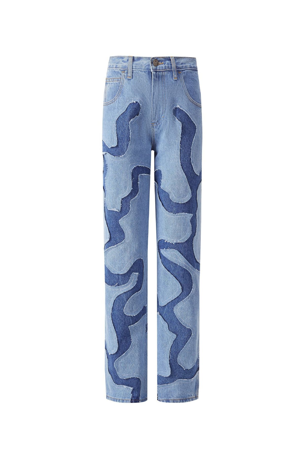 "Vintage Washed Distressed Patchwork Jeans For Men – Blue Denim With Embroidered Patches, Baggy Straight Fit | 90s Hip-Hop & Streetwear Vibe"_mkmklike.com
