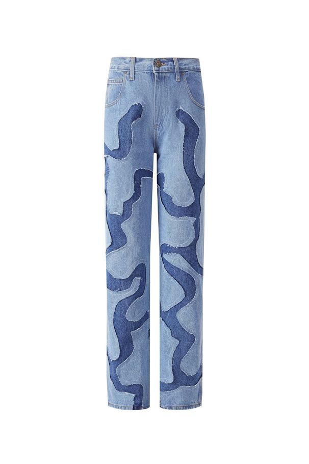 "Vintage Washed Distressed Patchwork Jeans For Men – Blue Denim With Embroidered Patches, Baggy Straight Fit | 90s Hip-Hop & Streetwear Vibe"_mkmklike.com