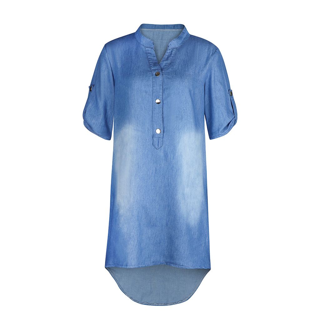 Women's Clothing V Neck Buttoned Pullover Mid Sleeve Denim Dress_mkmklike.com