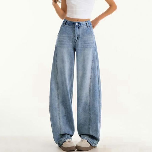 Light Blue High-Waisted Curved Hem Jeans For Women – Loose Fit Wide-Leg Denim Pants With Relaxed Streetwear Vibe (Summer Staple)_mkmklike.com