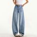 Light Blue High-Waisted Curved Hem Jeans For Women – Loose Fit Wide-Leg Denim Pants With Relaxed Streetwear Vibe (Summer Staple)_mkmklike.com
